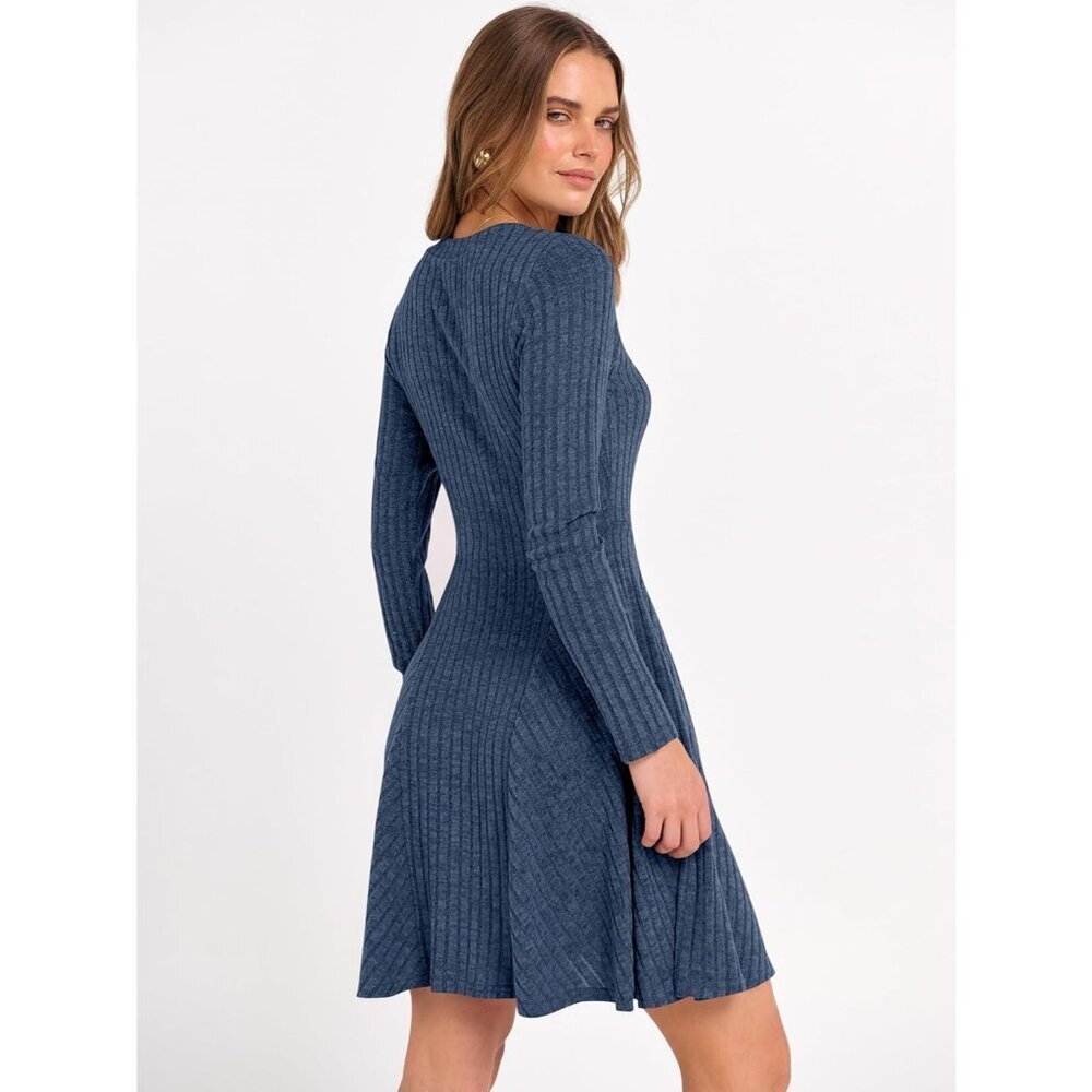 Women's Long Sleeve Ribbed Short Dresses V Neck Swing Sweater Dress Dark Blue - Picture 4 of 7